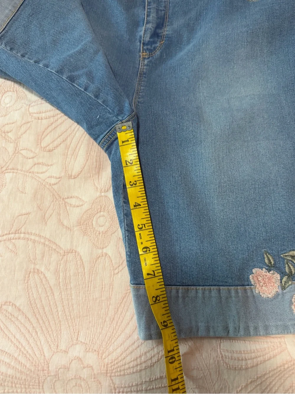 Gloria Vanderbilt Blue Denim Bermuda Shorts with Pink Floral Embroidery